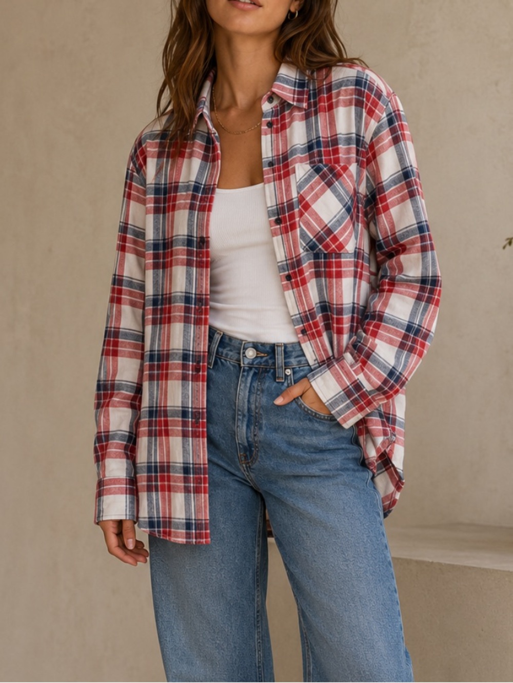 Tna Aritzia Brisco Button Up Flannel Shirt Oversized Cotton Red Plaid Womens S